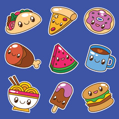 Set of hand drawn cute kawaii food sticker vector illustration