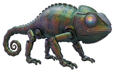 Fototapeta premium Intricate Mechanical Chameleon Robot with Gears and Metallic Skin, isolated on a transparent background