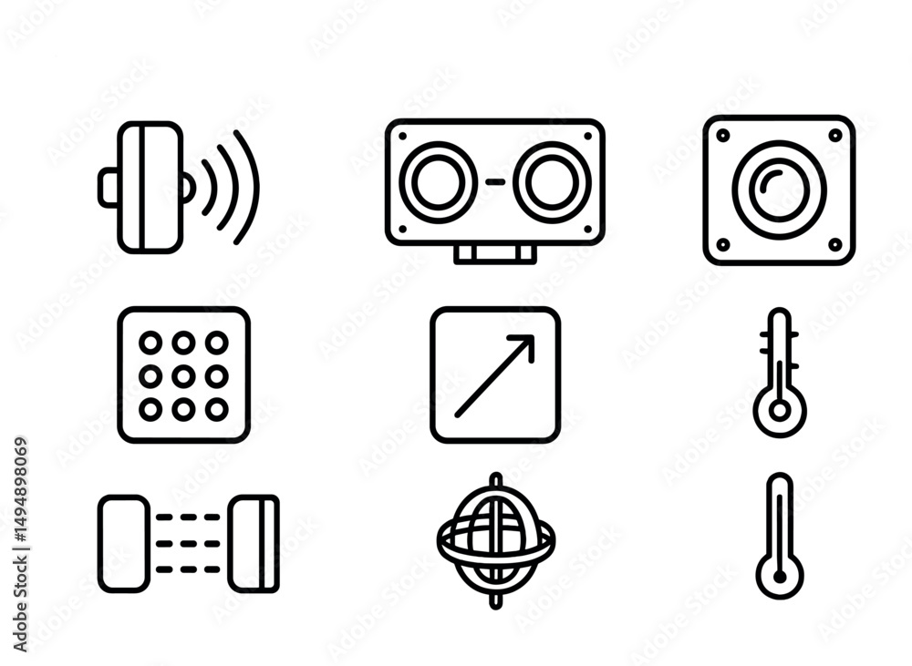 Poster technology and gadget linear icons set – outline, tech, digital device symbols