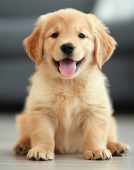 Adorable golden retriever puppy sitting indoors with happy expression