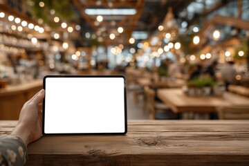 A woman holding a tablet computer with a blank white screen, situated on a wooden table in a cafe setting.