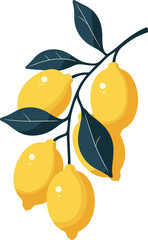 Vector illustration of a vibrant lemon branch with six yellow lemons and dark green leaves on a white background. The style is bold and clean with a fresh, summery feel