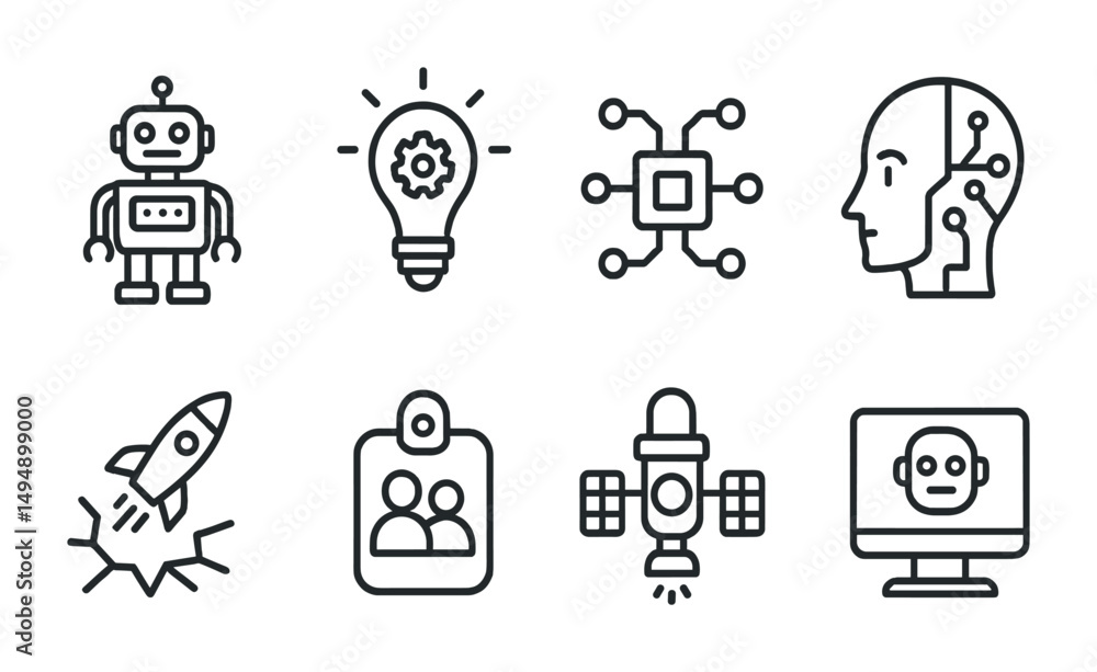Poster artificial intelligence outline icons set – tech, digital, machine learning graphics