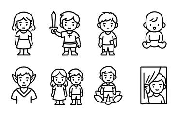 Children's outline icons set – linear, silhouette, playful and cute designs