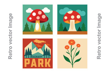 Retro Posters Collection Mushrooms Mountains and Flowers