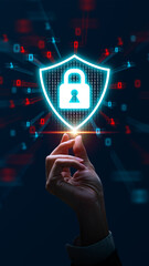 Cyber Security Concept: Human hand interacting with a glowing digital shield and padlock icon on a futuristic binary code background, symbolizing data protection, network security, and internet.