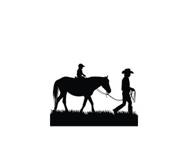 Naklejka premium a cowboy leading a horse on foot through grassy terrain silhouette on white background