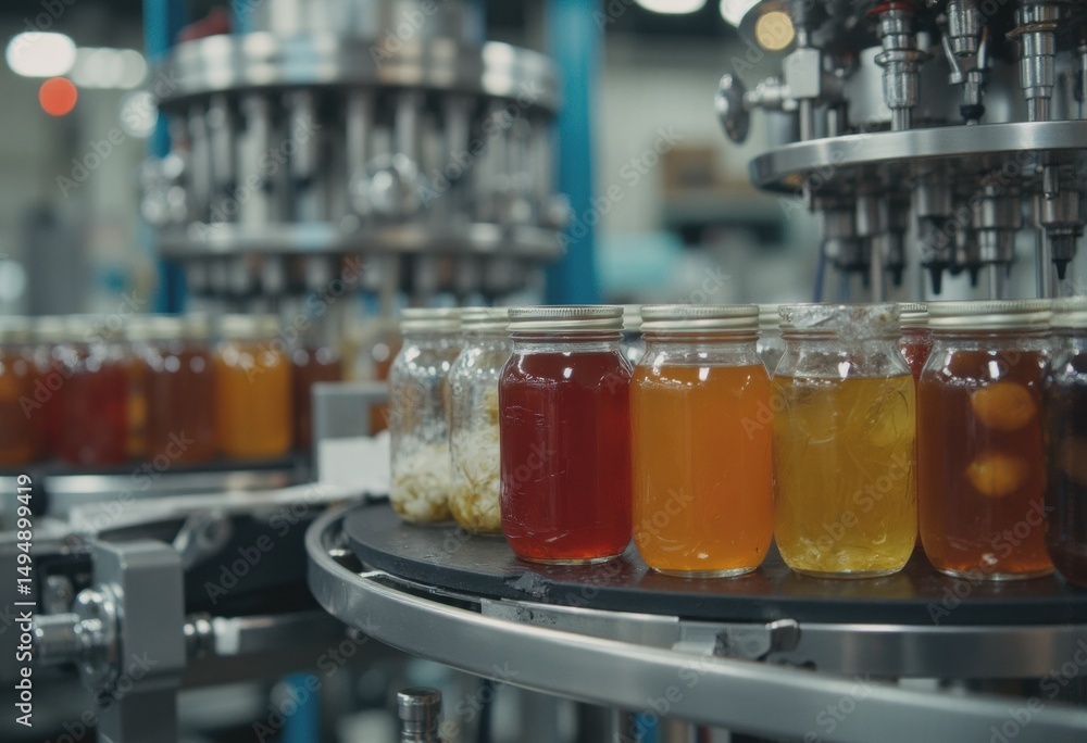 Aufkleber jars of colorful beverages on a production line in a factory setting