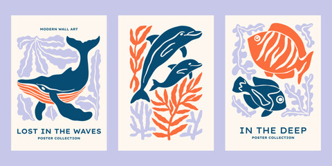 Underwater ocean animals vector posters set. Minimalist retro sea print designs with fishes, whale, dolphins, seaweeds, corals illustrations