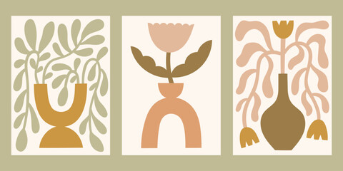 Neutral colors floral vector posters set. Minimalist print designs with flowers in vase in matisse style