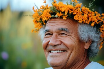 Handsome mixed-race old man wearing orange flower circlet on his head. Symbol of a happy summertime. Sunny daylight. Floral-inspired male aesthetics. Male beauty in nature. Man with flowers.