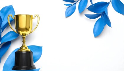 Golden Trophy Award with Blue Leaves, and Success Concept.
