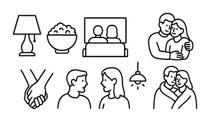Family and relationship outline icons set – linear, connected, romantic symbols