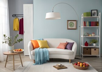 Fototapeta premium Colorful Modern Living Room with Blue Walls and White Sofa