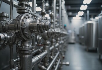 Naklejka premium Industrial stainless steel pipes and valves in a modern facility