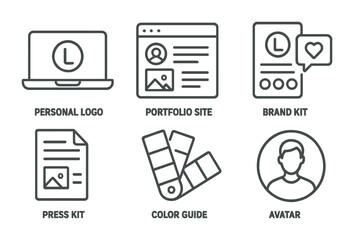 Personal branding line icons set – portfolio, logo, professional identity symbols