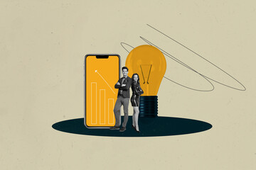 Poster image picture sketch collage image of happy businesswoman businessman stand phone screen...