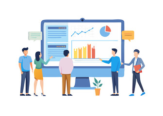 Business Data Analytics Concept. Vector illustration in flat style of a large monitor with tabs displaying graphs, chats, and a group of people looking at them