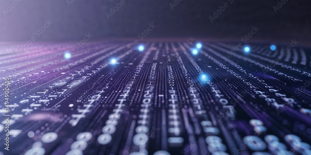 Poster Digital data streams flow dynamically across a surface illuminated by vibrant blue lights in a futuristic setting