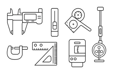 Obraz premium Engineering tools outline icons set – linear, construction, measurement symbols
