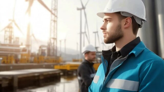 Dedicated Industry Professional: A focused industry professional gazes thoughtfully towards the horizon, clad in safety gear against the backdrop of an industrial environment.