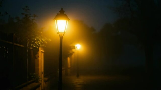 Lanterns glowing in foggy street during nighttime in autumn  