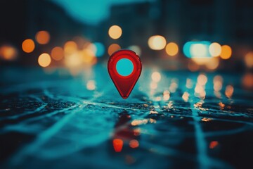 Red map pin on a city street map at night