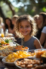 a multicultural family picnic in a sunny park, with a variety of foods and games being shared
