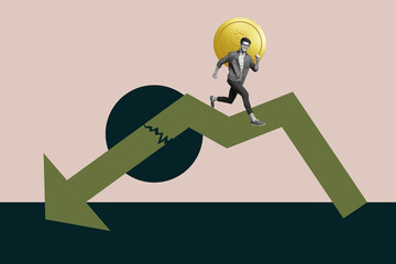 Full 3d image collage of inexperienced businesswoman businessman stand arrow decline dollar loss...