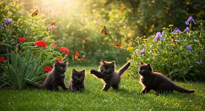 Playful black kittens in sunny garden