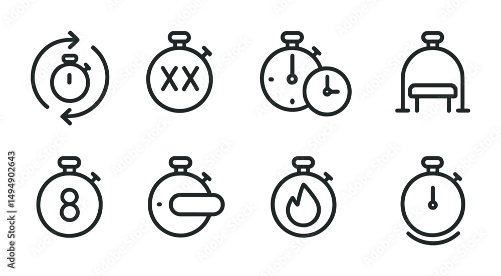 Poster time and timer outline icons set – linear, clock, stopwatch symbols