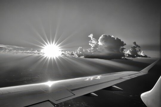 Black and white airplane wing view of sunrise over clouds