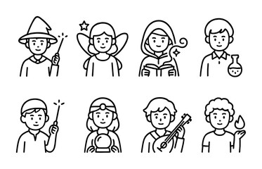 Fantasy characters outline icons set – line, flat, magic and mythical symbols