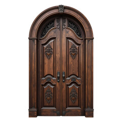 Vintage wooden door with ornate ironwork, arched top, aged textures, rich mahogany color, detailed wood grain, isolated on white background