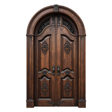 Vintage wooden door with ornate ironwork, arched top, aged textures, rich mahogany color, detailed wood grain, isolated on white background