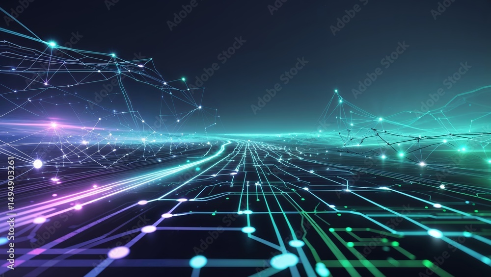 Poster Abstract digital landscape featuring glowing lines and nodes representing data flow and connectivity in a futuristic setting