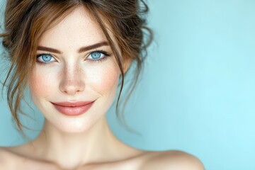 Young woman with blue eyes and soft smile against light blue background showcasing natural beauty and confidence
