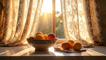 Scattered sunlight through patterned curtains illuminating a ceramic bowl and fruit on a stone countertop, bathed in gentle glow.