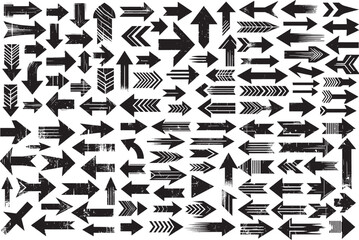 Variety of textured grunge arrow icons in unique styles, offering bold visual appeal for navigation, graphic designs, and visuals. Features distinctive directions and artistic touches 