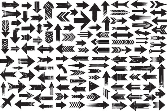 Variety of textured grunge arrow icons in unique styles, offering bold visual appeal for navigation, graphic designs, and visuals. Features distinctive directions and artistic touches 