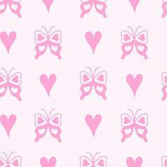Butterfly Heart Seamless Pattern. Pink romantic hand drawn background with love symbols. Doodle Moth repeat vector illustration