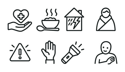 Fototapeta premium Emergency and disaster relief outline icons set – flat, safety, aid symbols