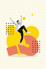 Poster image art sketch vertical collage of happy businesswoman businessman stand question mark...