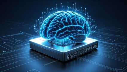 A glowing brain connected to a chip on a circuit board representing artificial intelligence concept