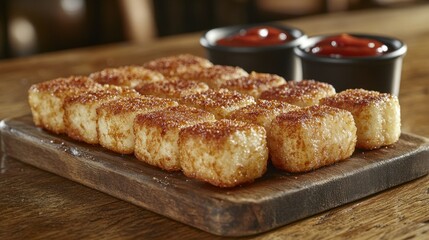 Crispy, golden-brown, bite-sized potato snacks, arranged on a wooden board, with ketchup dipping sauces