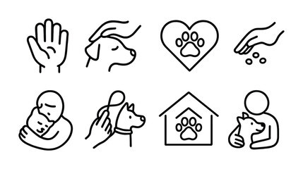 Pet care outline icons set – veterinary, animals, grooming symbols for design
