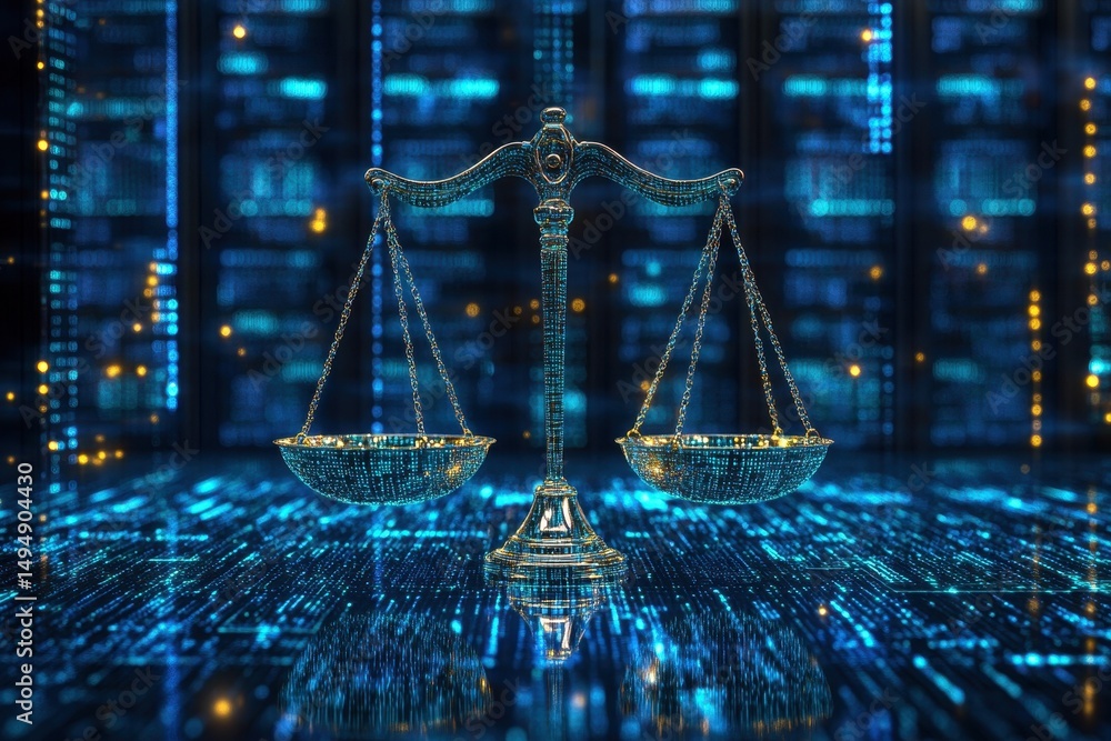 Poster digital scales of justice displayed against a backdrop of glowing binary data symbols in a futuristi