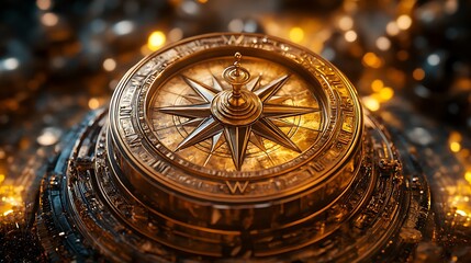 Fototapeta premium Elaborate golden compass resting on an intricate base, illuminated by soft lights