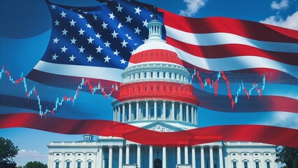 United states capitol building with american flag overlay and stock market chart in the foreground
