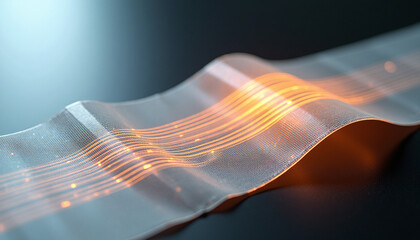 A transparent flexible strip showcases embedded glowing orange circuit pathways, floating gracefully against a dark background.